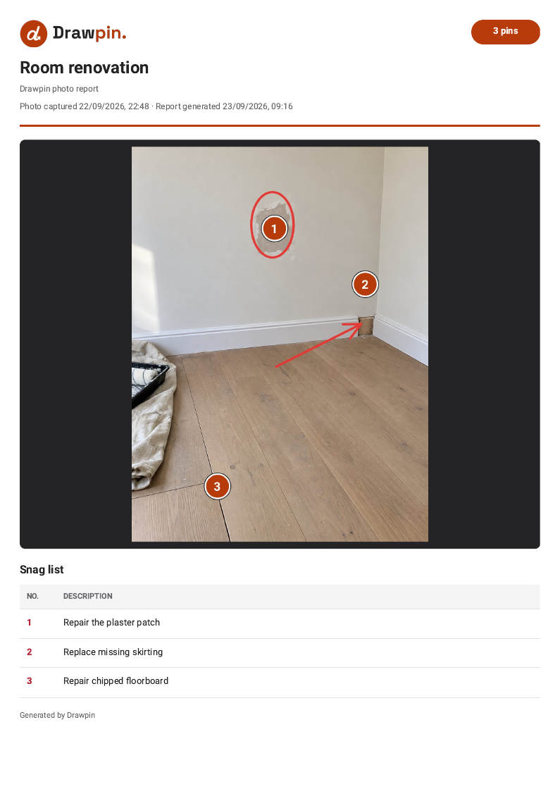A Drawpin PDF snag report for a room renovation, showing the marked-up photo and a numbered snag list