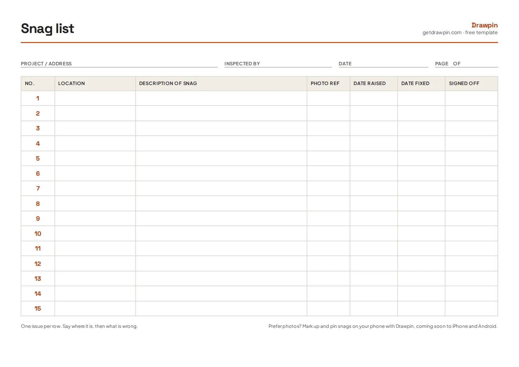 Preview of the Drawpin snag list template: a table with columns for number, location, description, photo reference, date raised, date fixed and sign-off